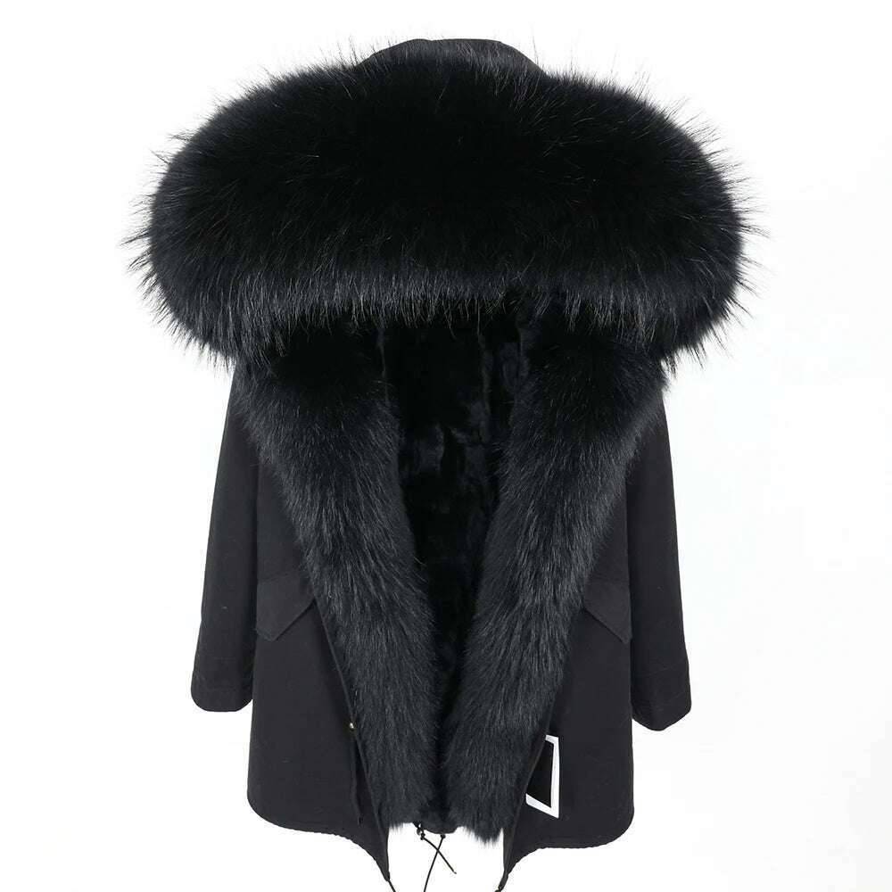 MMK fashion women's parka coat rabbit fur lining big raccoon fur collar winter coat jacket long hooded army green season warm ja - KIMLUD