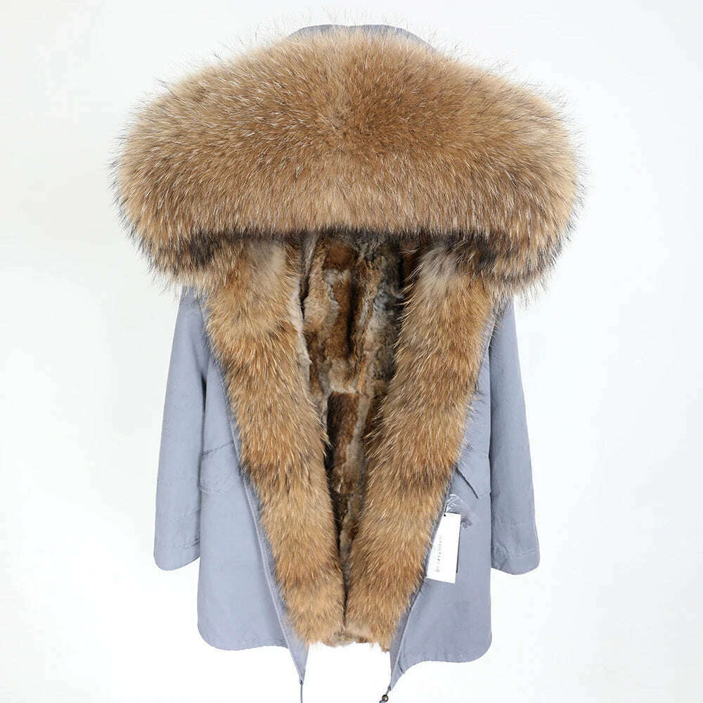 MMK fashion women's parka coat rabbit fur lining big raccoon fur collar winter coat jacket long hooded army green season warm ja - KIMLUD