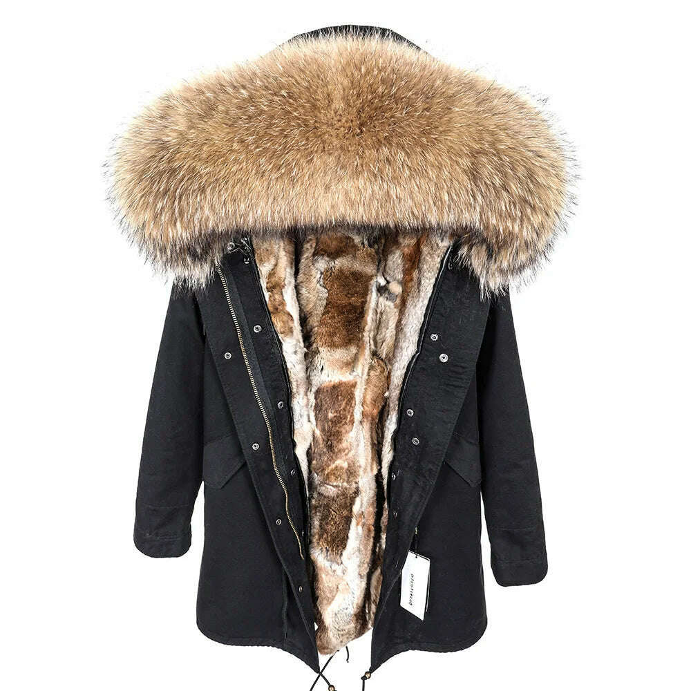 MMK fashion women's parka coat rabbit fur lining big raccoon fur collar winter coat jacket long hooded army green season warm ja - KIMLUD
