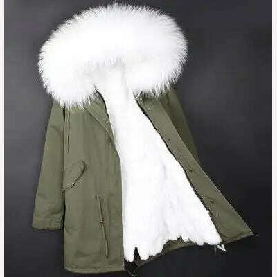 MMK fashion women's parka coat rabbit fur lining big raccoon fur collar winter coat jacket long hooded army green season warm ja - KIMLUD