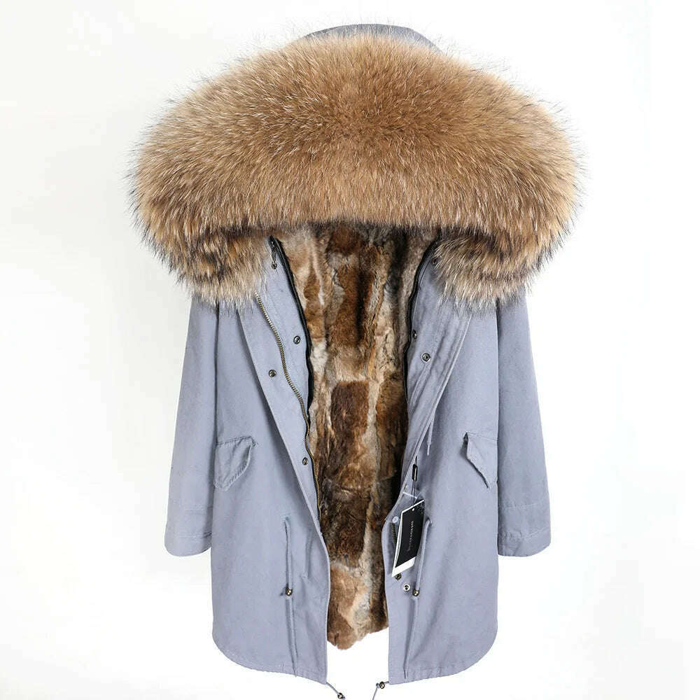 MMK fashion women's parka coat rabbit fur lining big raccoon fur collar winter coat jacket long hooded army green season warm ja - KIMLUD