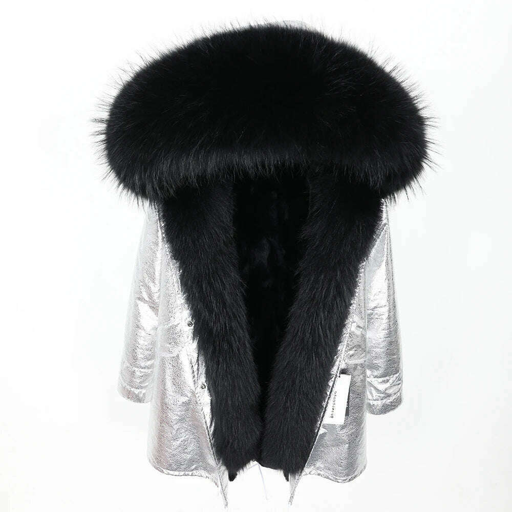 MMK fashion women's parka coat rabbit fur lining big raccoon fur collar winter coat jacket long hooded army green season warm ja - KIMLUD