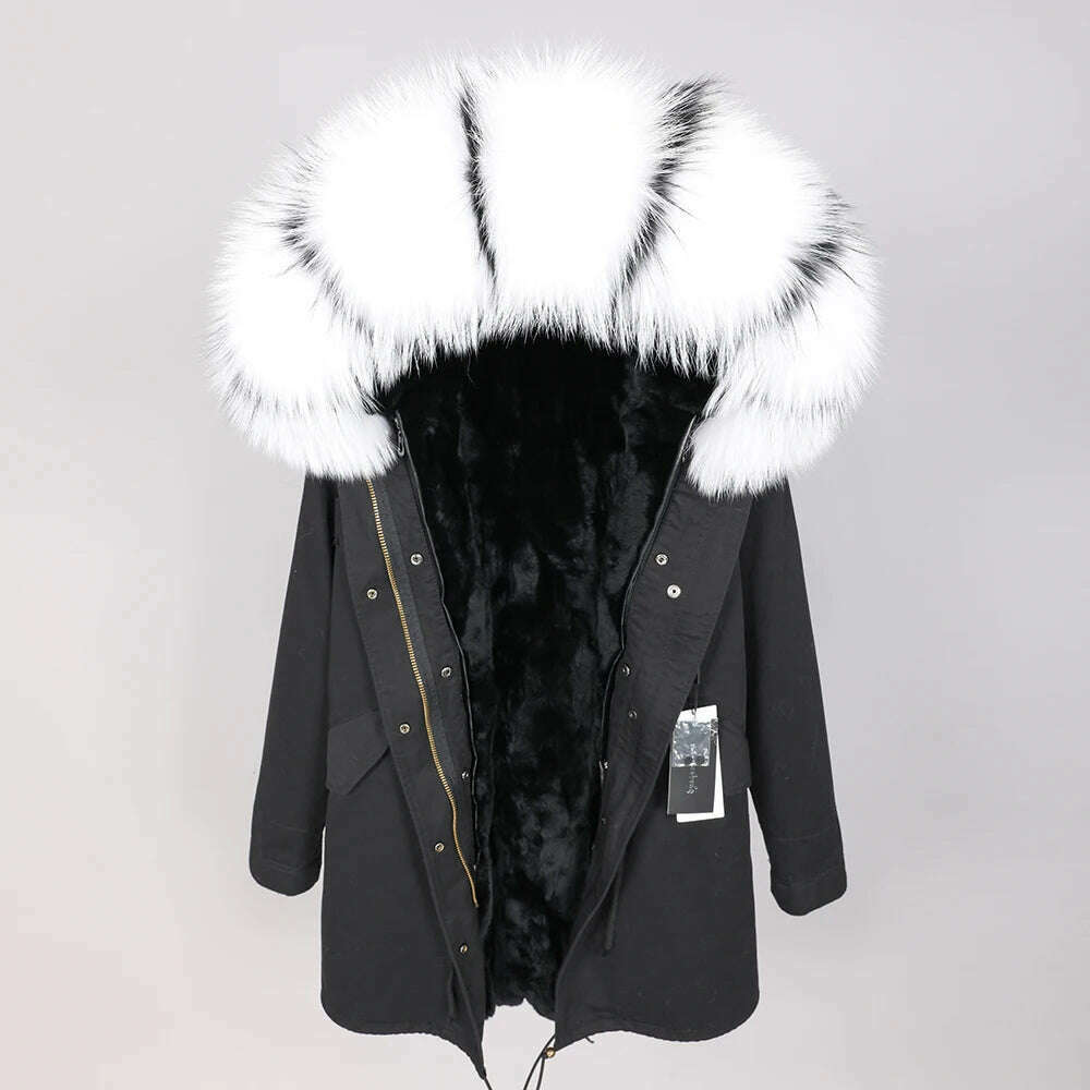 MMK fashion women's parka coat rabbit fur lining big raccoon fur collar winter coat jacket long hooded army green season warm ja - KIMLUD