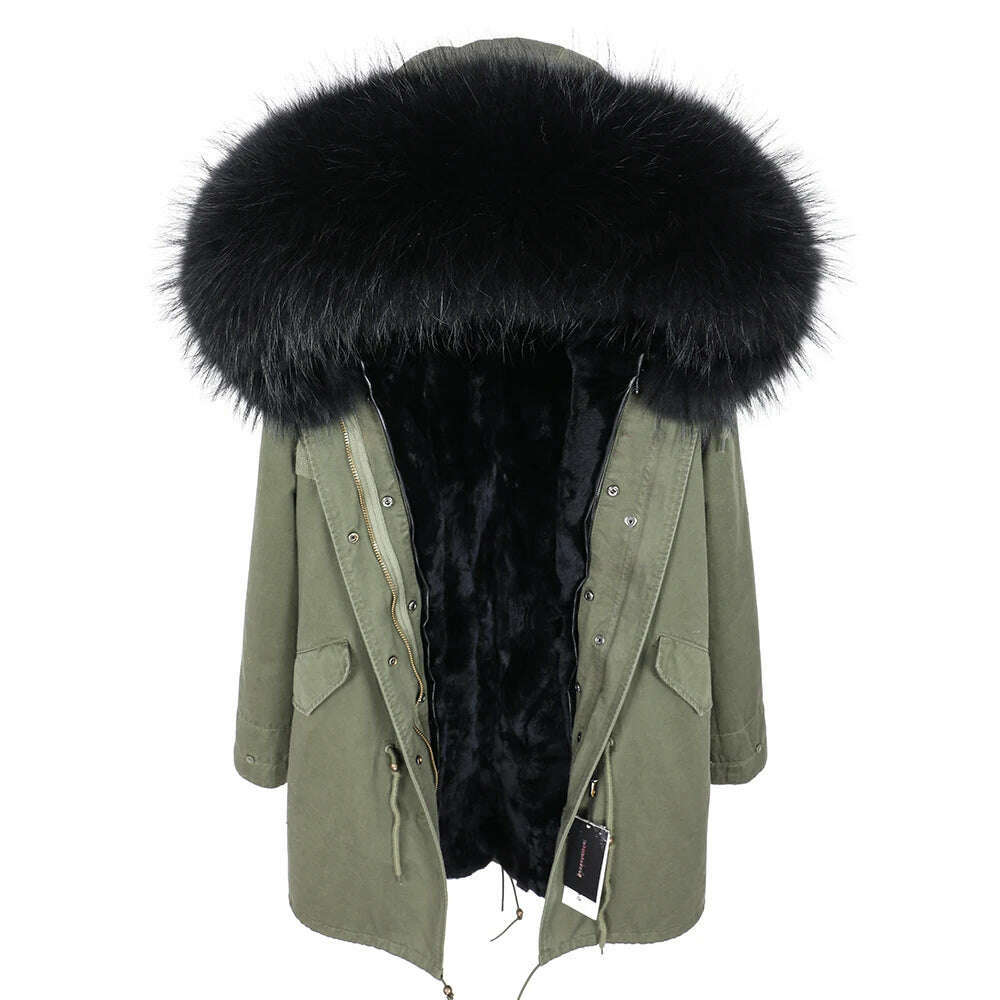 MMK fashion women's parka coat rabbit fur lining big raccoon fur collar winter coat jacket long hooded army green season warm ja - KIMLUD