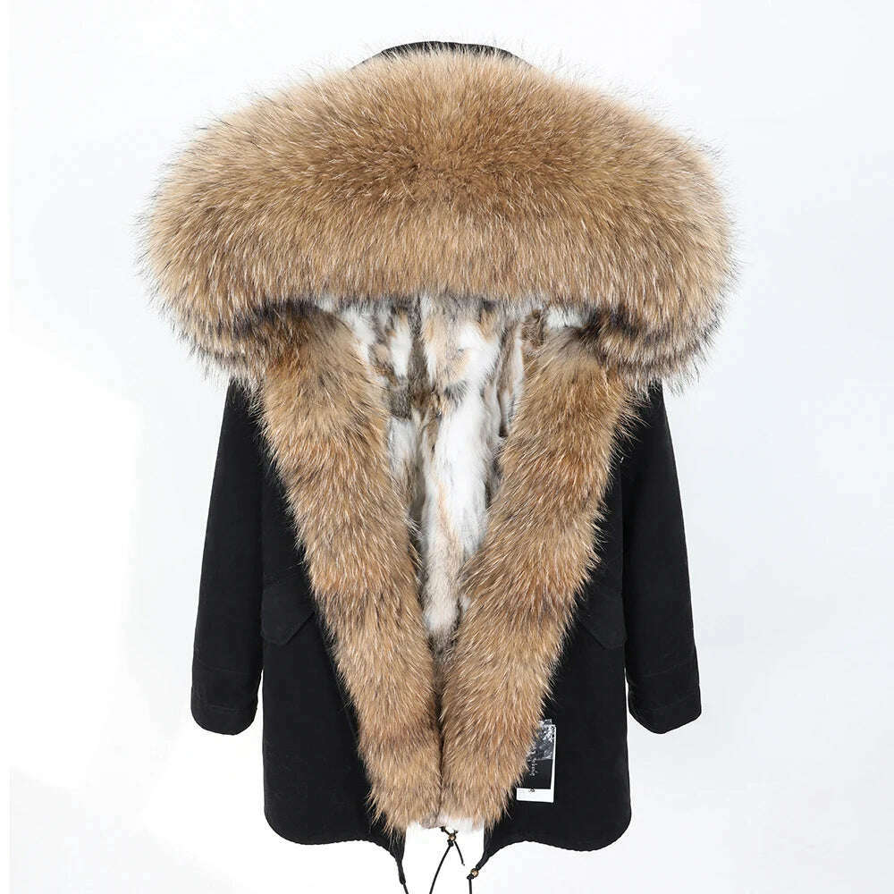 MMK fashion women's parka coat rabbit fur lining big raccoon fur collar winter coat jacket long hooded army green season warm ja - KIMLUD