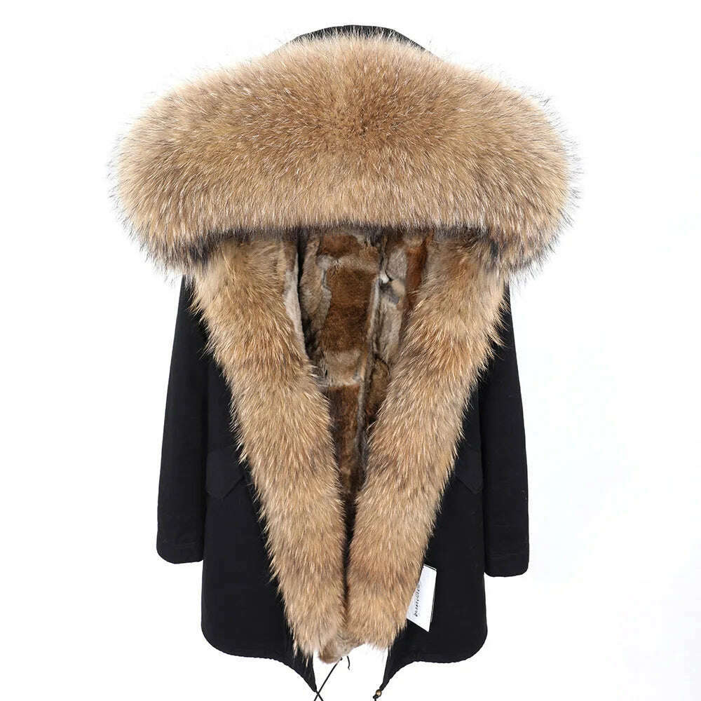 MMK fashion women's parka coat rabbit fur lining big raccoon fur collar winter coat jacket long hooded army green season warm ja - KIMLUD