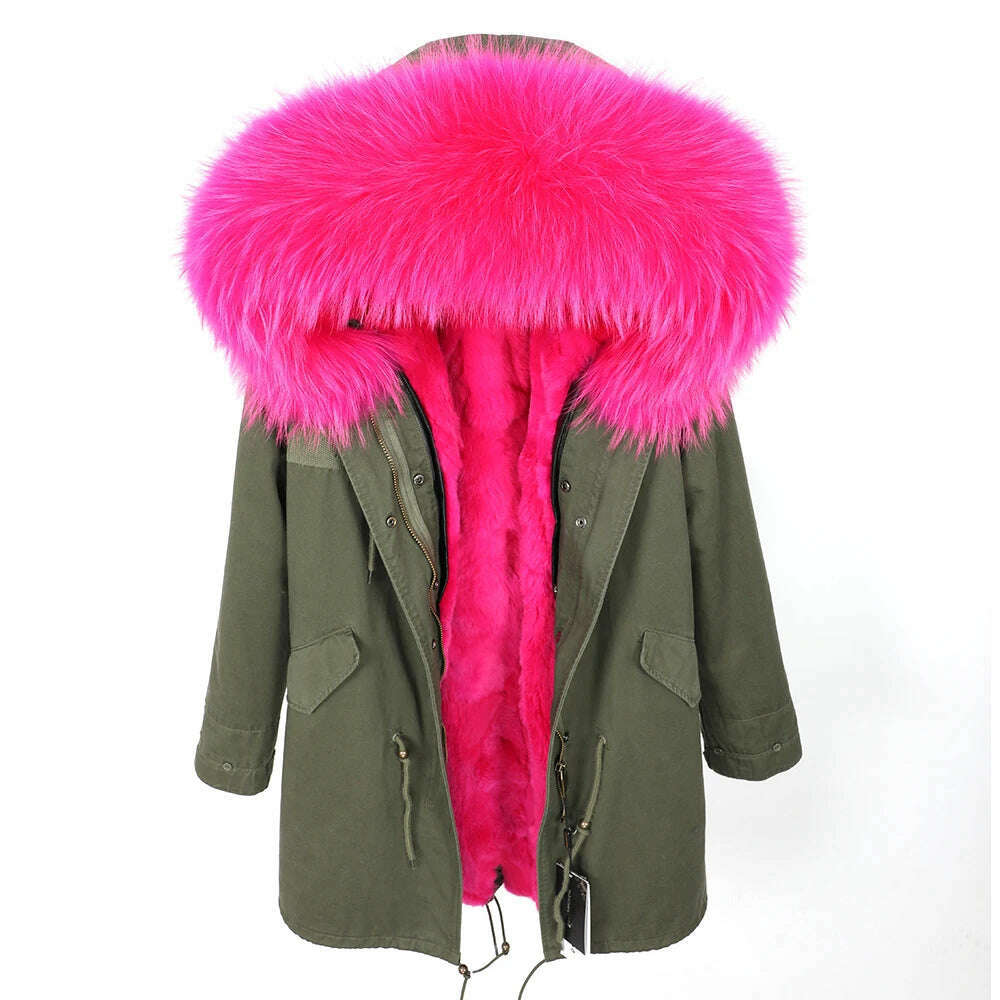 MMK fashion women's parka coat rabbit fur lining big raccoon fur collar winter coat jacket long hooded army green season warm ja - KIMLUD