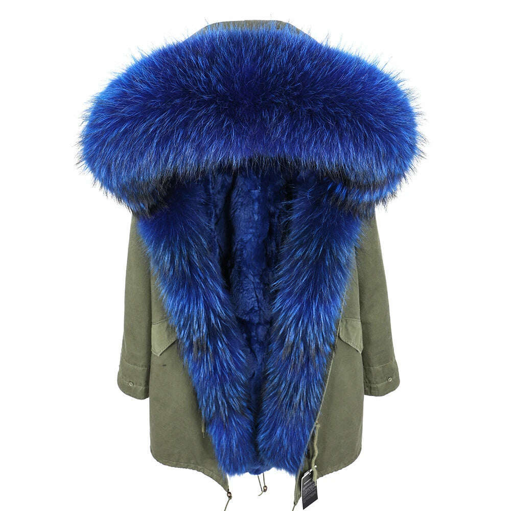 MMK fashion women's parka coat rabbit fur lining big raccoon fur collar winter coat jacket long hooded army green season warm ja - KIMLUD
