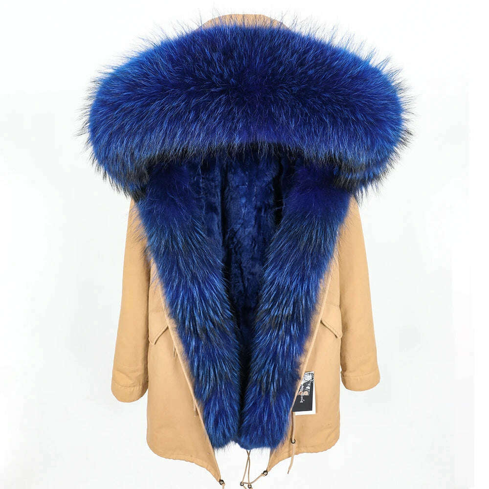 MMK fashion women's parka coat rabbit fur lining big raccoon fur collar winter coat jacket long hooded army green season warm ja - KIMLUD