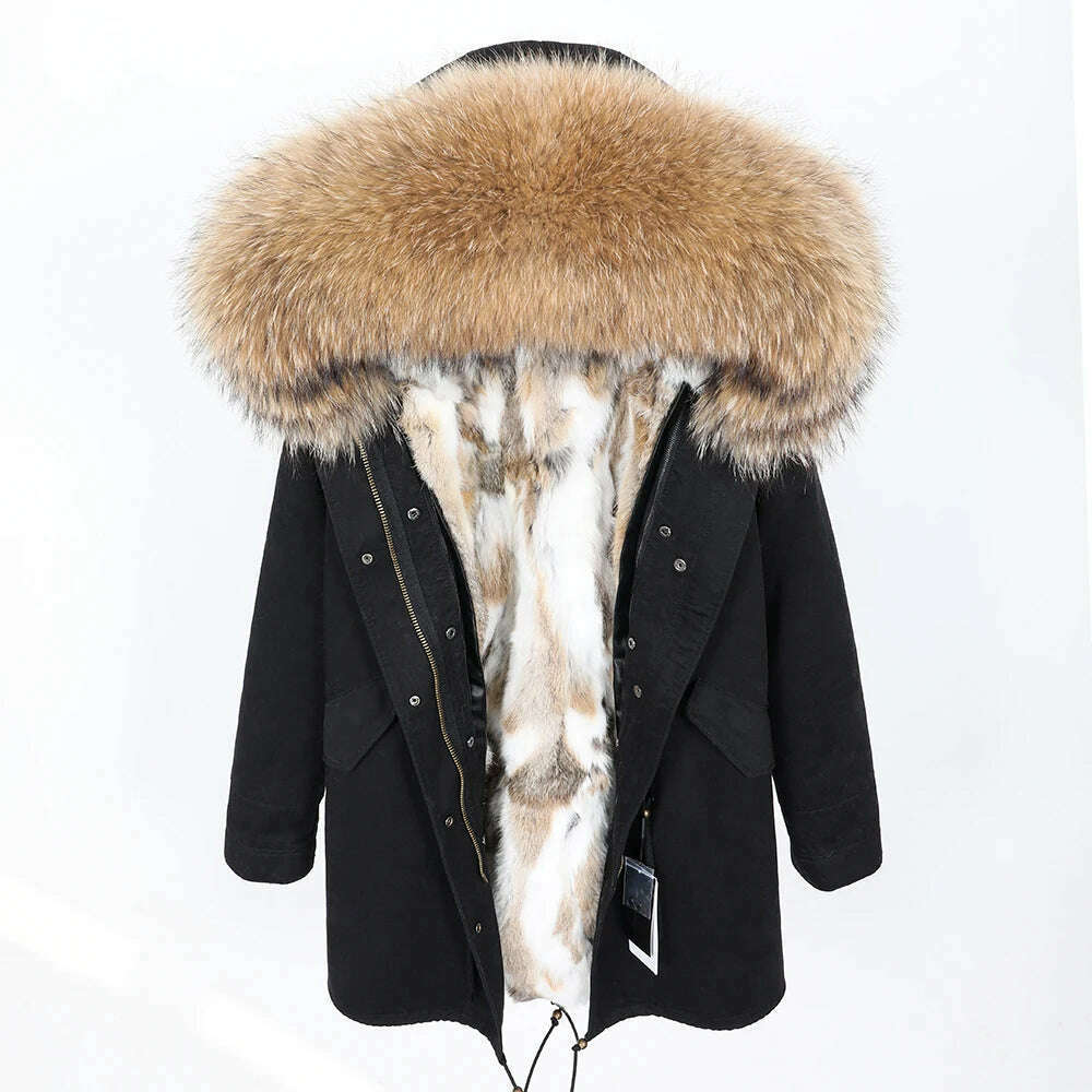 MMK fashion women's parka coat rabbit fur lining big raccoon fur collar winter coat jacket long hooded army green season warm ja - KIMLUD
