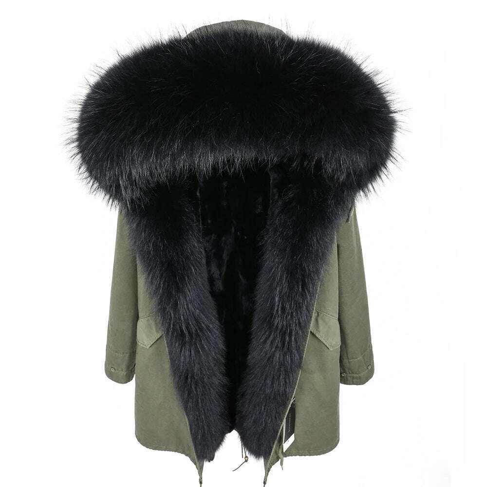 MMK fashion women's parka coat rabbit fur lining big raccoon fur collar winter coat jacket long hooded army green season warm ja - KIMLUD