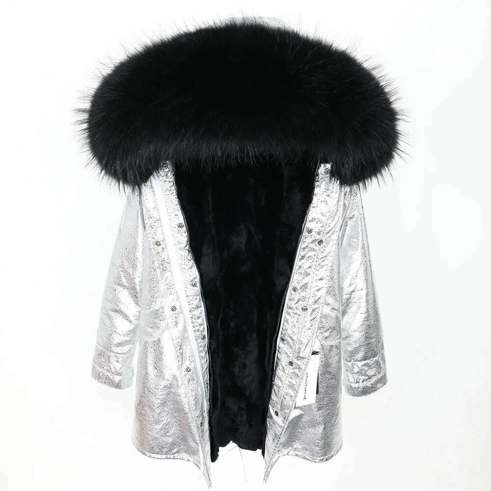 MMK fashion women's parka coat rabbit fur lining big raccoon fur collar winter coat jacket long hooded army green season warm ja - KIMLUD