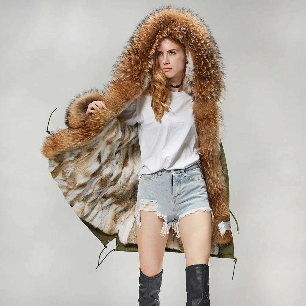 MMK fashion women's parka coat rabbit fur lining big raccoon fur collar winter coat jacket long hooded army green season warm ja - KIMLUD