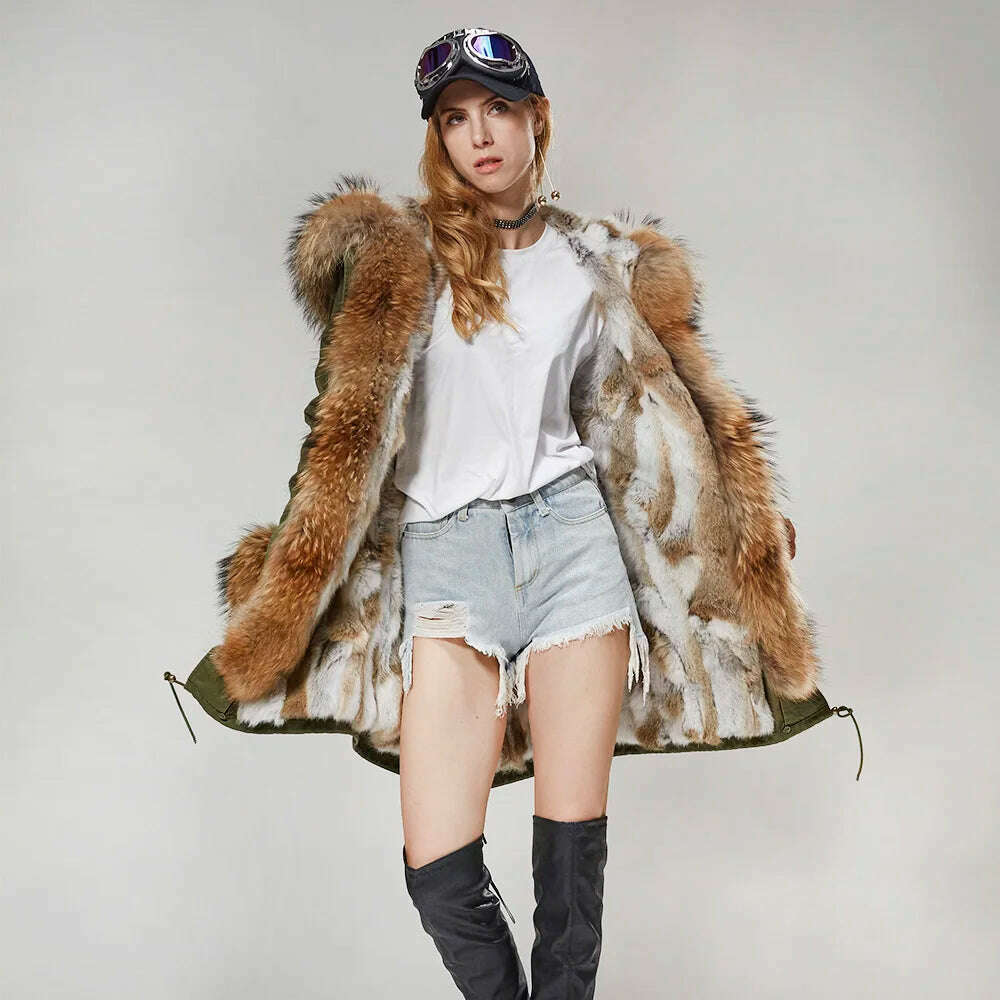 MMK fashion women's parka coat rabbit fur lining big raccoon fur collar winter coat jacket long hooded army green season warm ja - KIMLUD