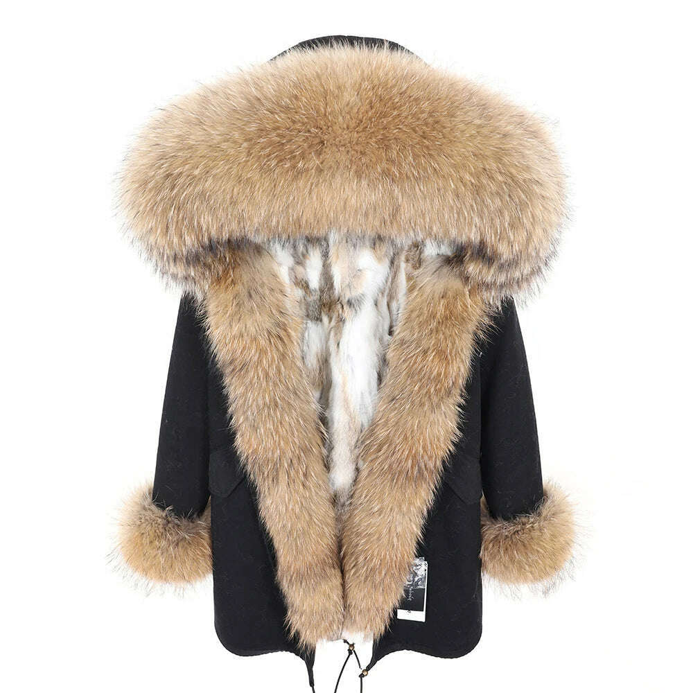 MMK fashion women's parka coat rabbit fur lining big raccoon fur collar winter coat jacket long hooded army green season warm ja - KIMLUD