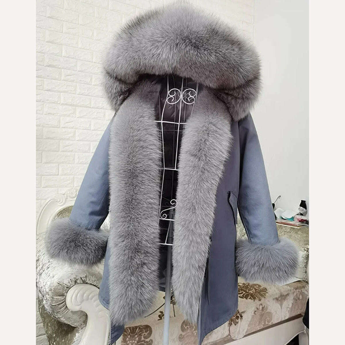 MMK fashion women's parka coat rabbit fur lining big raccoon fur collar winter coat jacket long hooded army green season warm ja - KIMLUD
