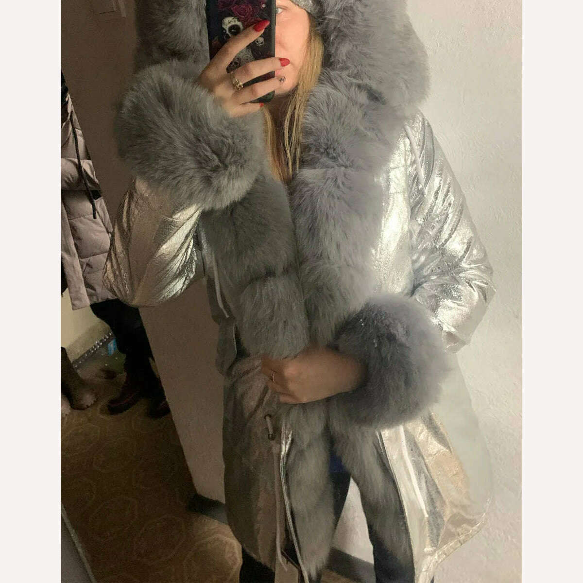 MMK fashion women's parka coat rabbit fur lining big raccoon fur collar winter coat jacket long hooded army green season warm ja - KIMLUD