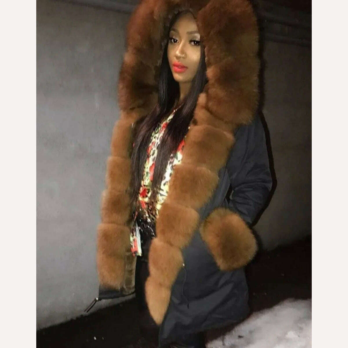 MMK fashion women's parka coat rabbit fur lining big raccoon fur collar winter coat jacket long hooded army green season warm ja - KIMLUD