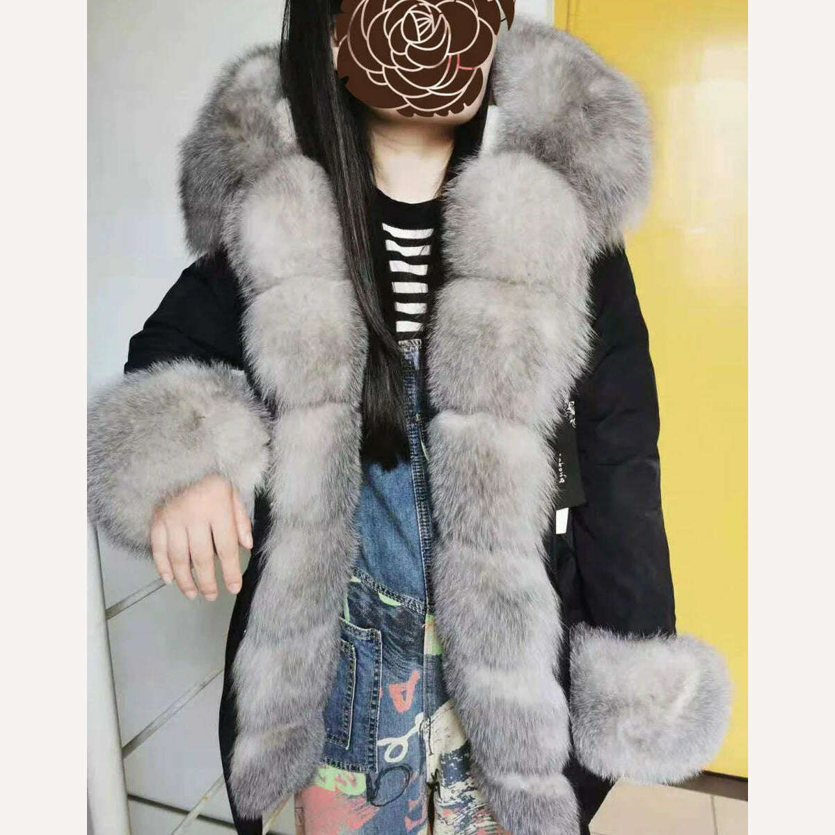MMK fashion women's parka coat rabbit fur lining big raccoon fur collar winter coat jacket long hooded army green season warm ja - KIMLUD