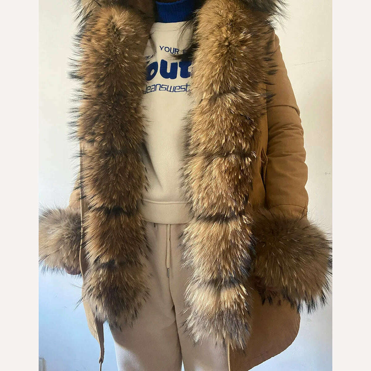 MMK fashion women's parka coat rabbit fur lining big raccoon fur collar winter coat jacket long hooded army green season warm ja - KIMLUD