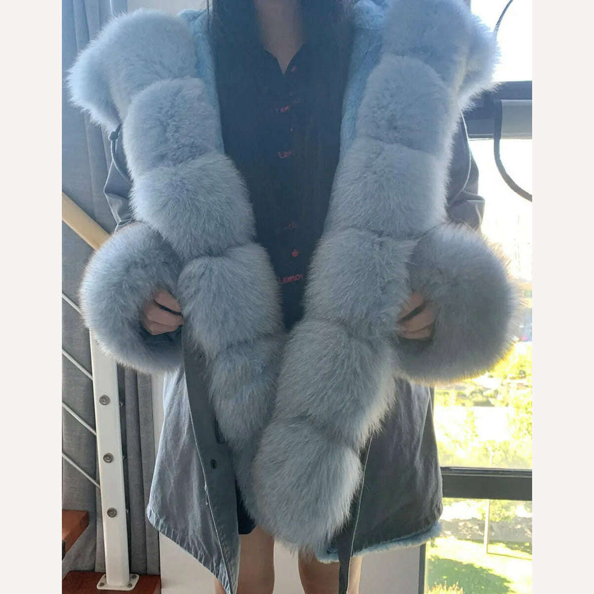 MMK fashion women's parka coat rabbit fur lining big raccoon fur collar winter coat jacket long hooded army green season warm ja - KIMLUD