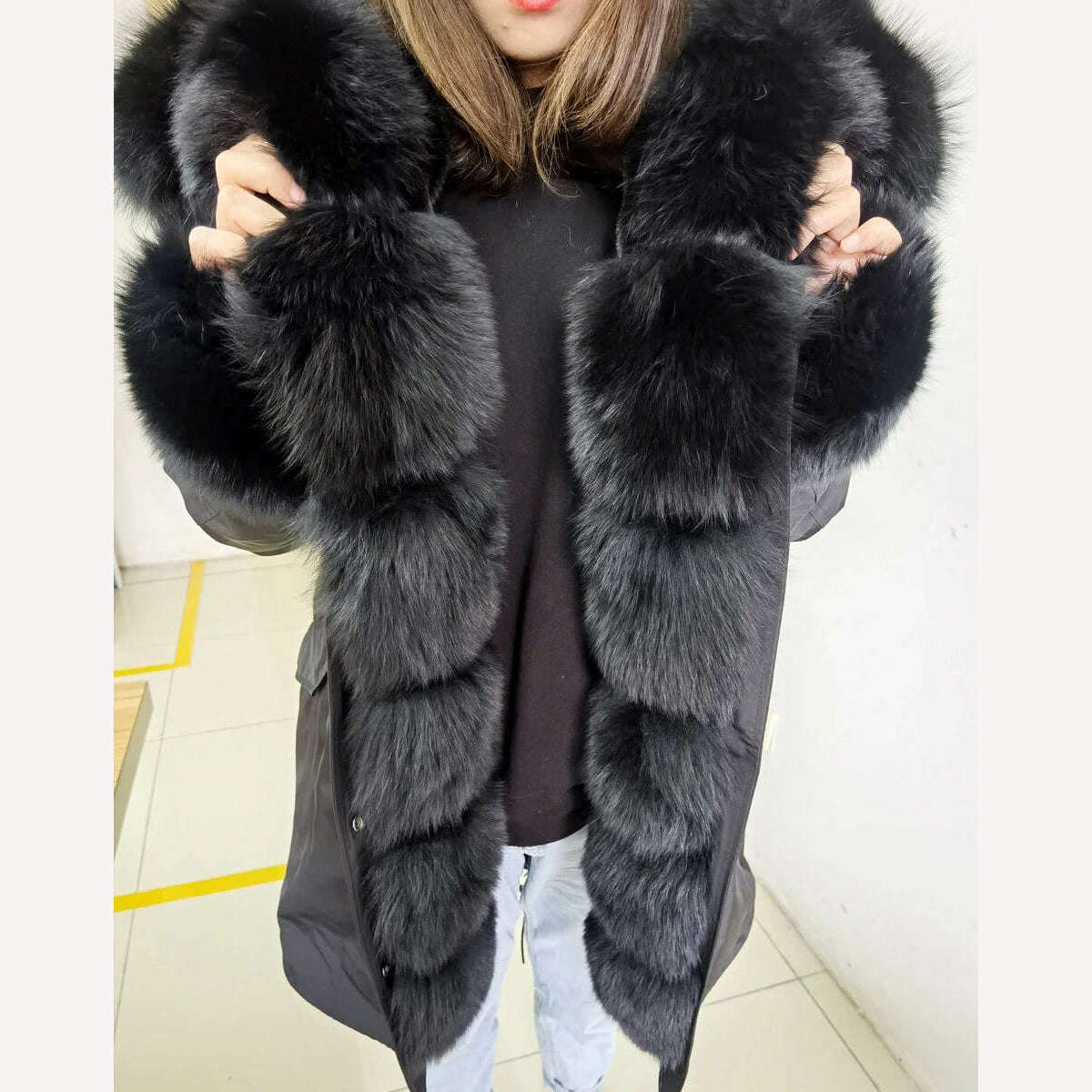 MMK fashion women's parka coat rabbit fur lining big raccoon fur collar winter coat jacket long hooded army green season warm ja - KIMLUD