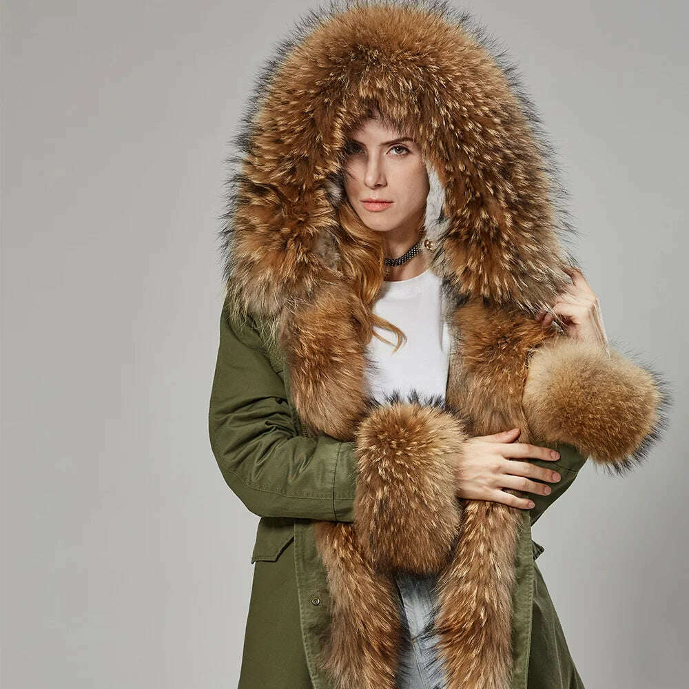 MMK fashion women's parka coat rabbit fur lining big raccoon fur collar winter coat jacket long hooded army green season warm ja - KIMLUD