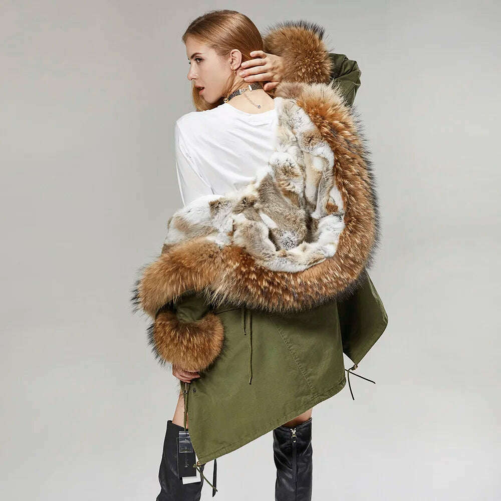 MMK fashion women's parka coat rabbit fur lining big raccoon fur collar winter coat jacket long hooded army green season warm ja - KIMLUD