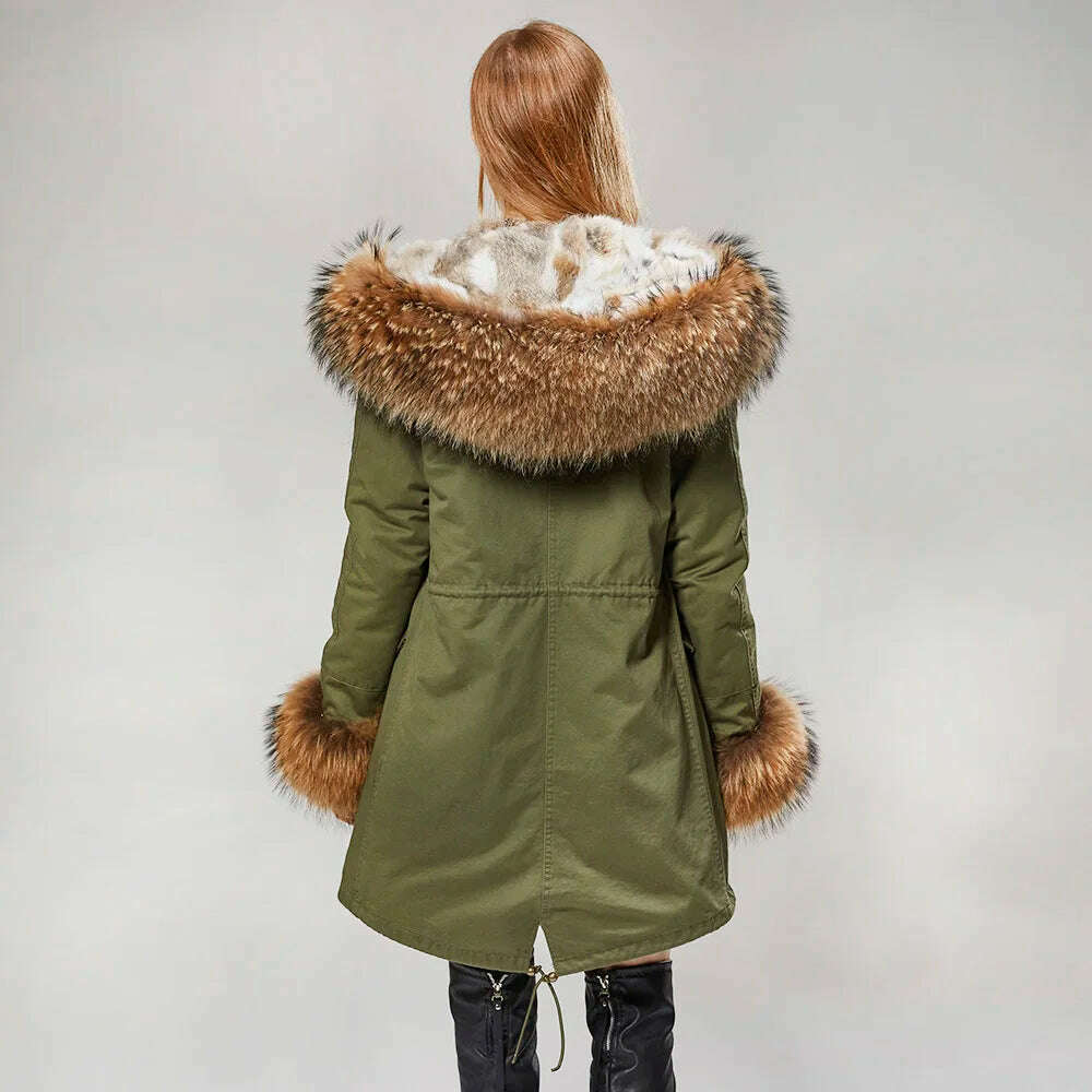 MMK fashion women's parka coat rabbit fur lining big raccoon fur collar winter coat jacket long hooded army green season warm ja - KIMLUD