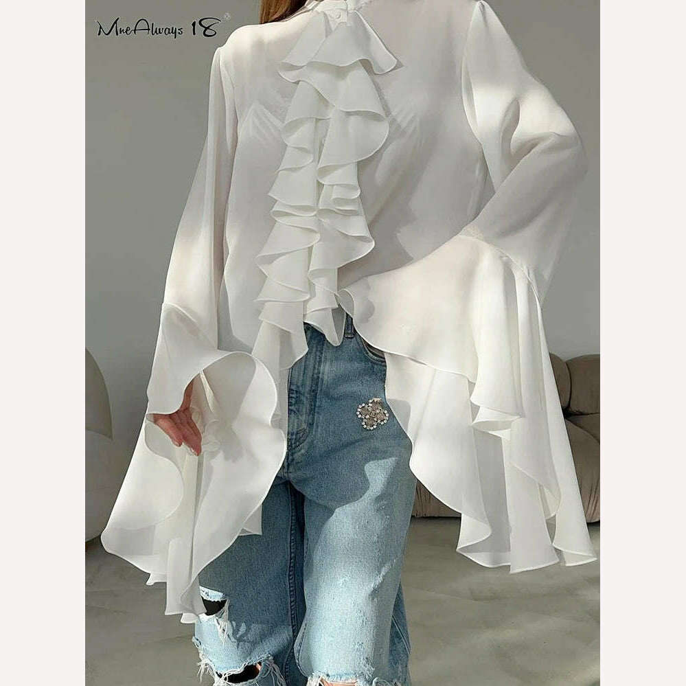 Mnealways18 Chiffon White Ruffled Shirts For Women Flare Sleeve Oversize Laminated Flounces Elegant Blouses And Tops Spring 2024 - KIMLUD