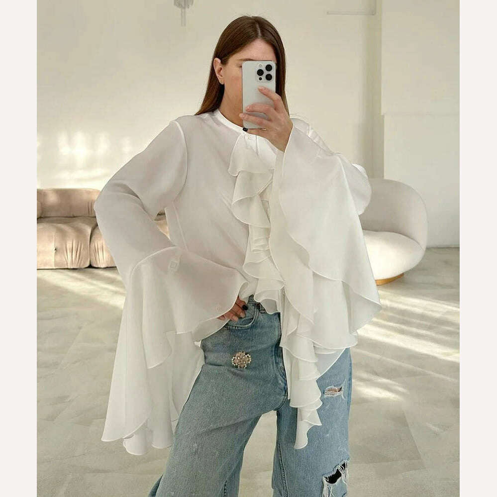 Mnealways18 Chiffon White Ruffled Shirts For Women Flare Sleeve Oversize Laminated Flounces Elegant Blouses And Tops Spring 2024 - KIMLUD