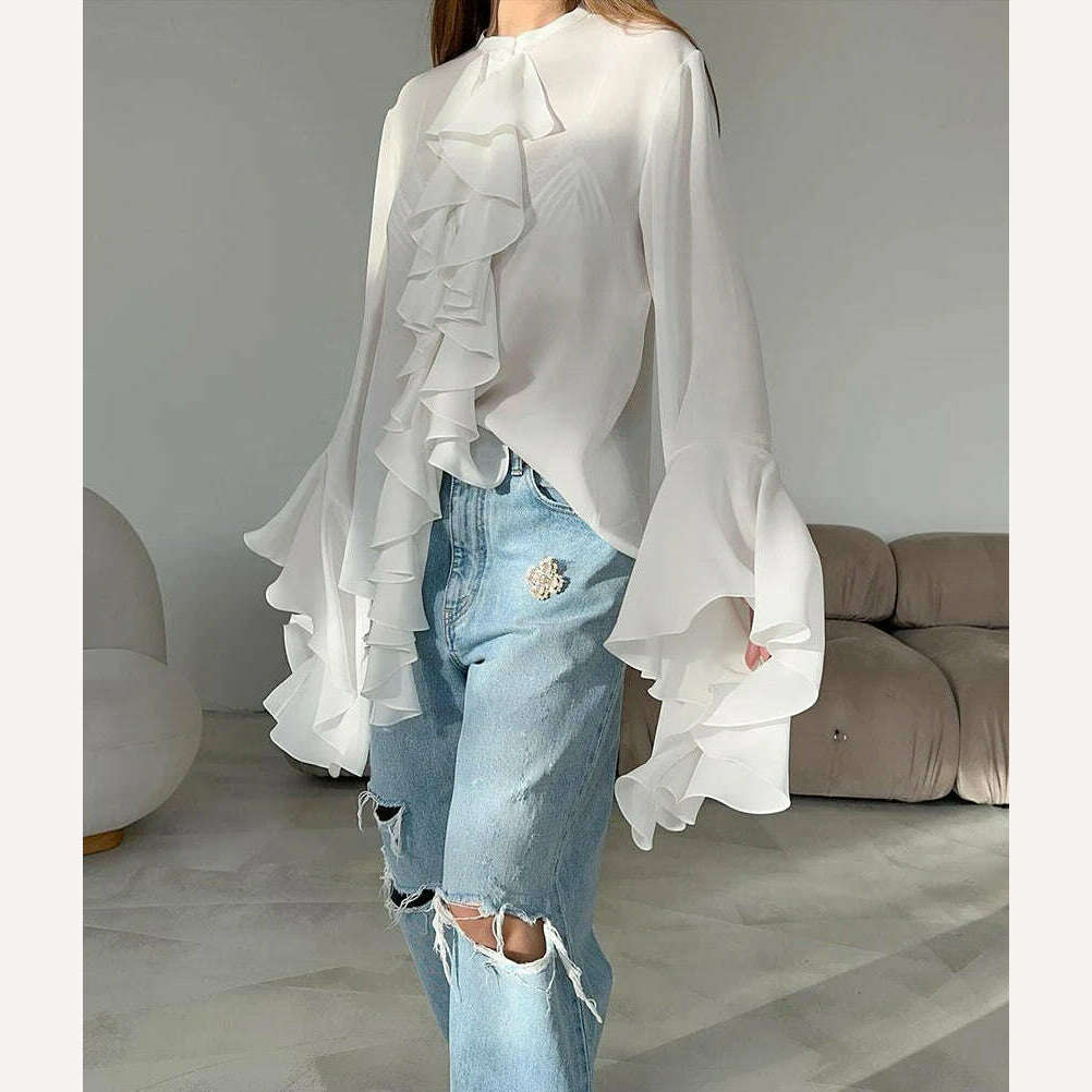 Mnealways18 Chiffon White Ruffled Shirts For Women Flare Sleeve Oversize Laminated Flounces Elegant Blouses And Tops Spring 2024 - KIMLUD