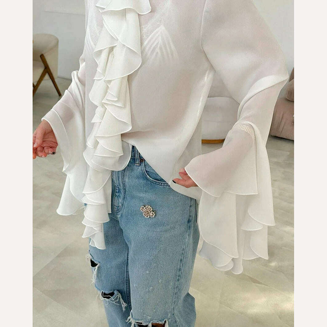 Mnealways18 Chiffon White Ruffled Shirts For Women Flare Sleeve Oversize Laminated Flounces Elegant Blouses And Tops Spring 2024 - KIMLUD