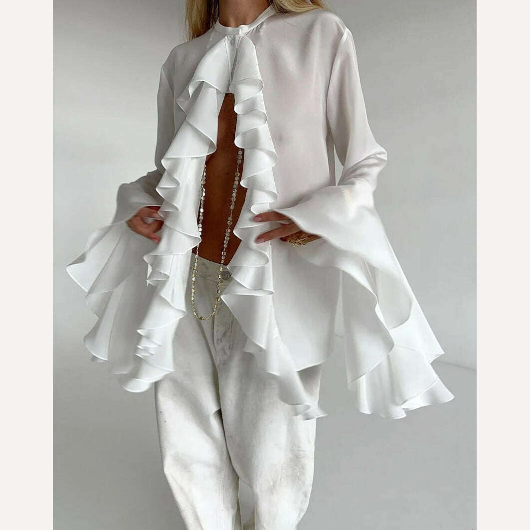 Mnealways18 Chiffon White Ruffled Shirts For Women Flare Sleeve Oversize Laminated Flounces Elegant Blouses And Tops Spring 2024 - KIMLUD