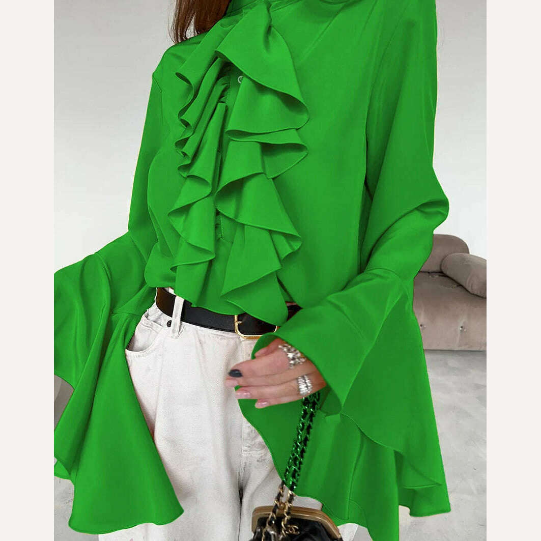 Mnealways18 Chiffon White Ruffled Shirts For Women Flare Sleeve Oversize Laminated Flounces Elegant Blouses And Tops Spring 2024 - KIMLUD