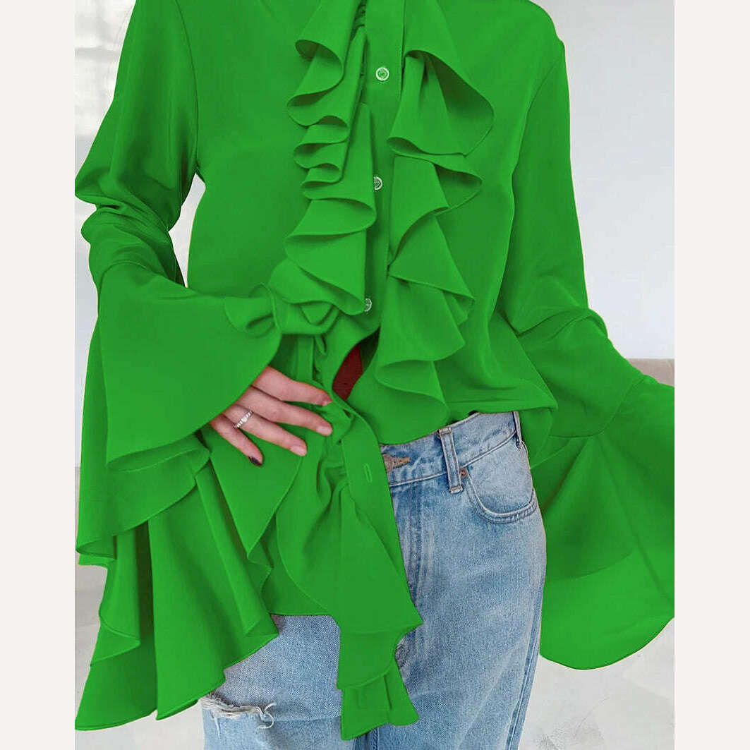 Mnealways18 Chiffon White Ruffled Shirts For Women Flare Sleeve Oversize Laminated Flounces Elegant Blouses And Tops Spring 2024 - KIMLUD