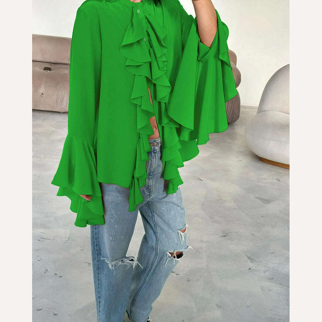 Mnealways18 Chiffon White Ruffled Shirts For Women Flare Sleeve Oversize Laminated Flounces Elegant Blouses And Tops Spring 2024 - KIMLUD