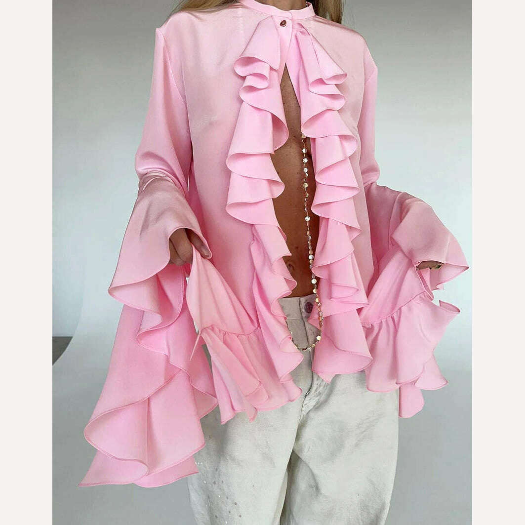 Mnealways18 Chiffon White Ruffled Shirts For Women Flare Sleeve Oversize Laminated Flounces Elegant Blouses And Tops Spring 2024 - KIMLUD