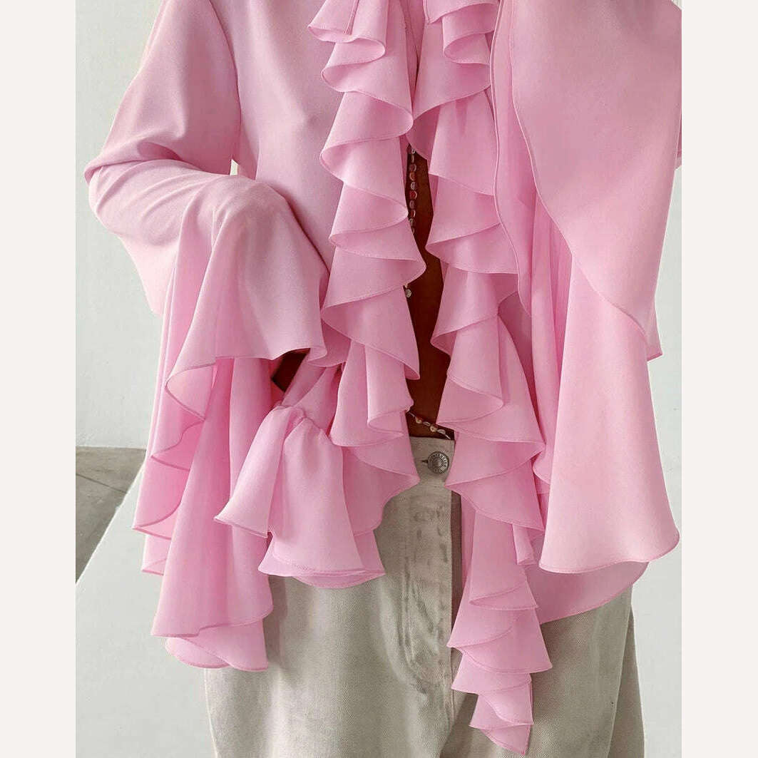 Mnealways18 Chiffon White Ruffled Shirts For Women Flare Sleeve Oversize Laminated Flounces Elegant Blouses And Tops Spring 2024 - KIMLUD