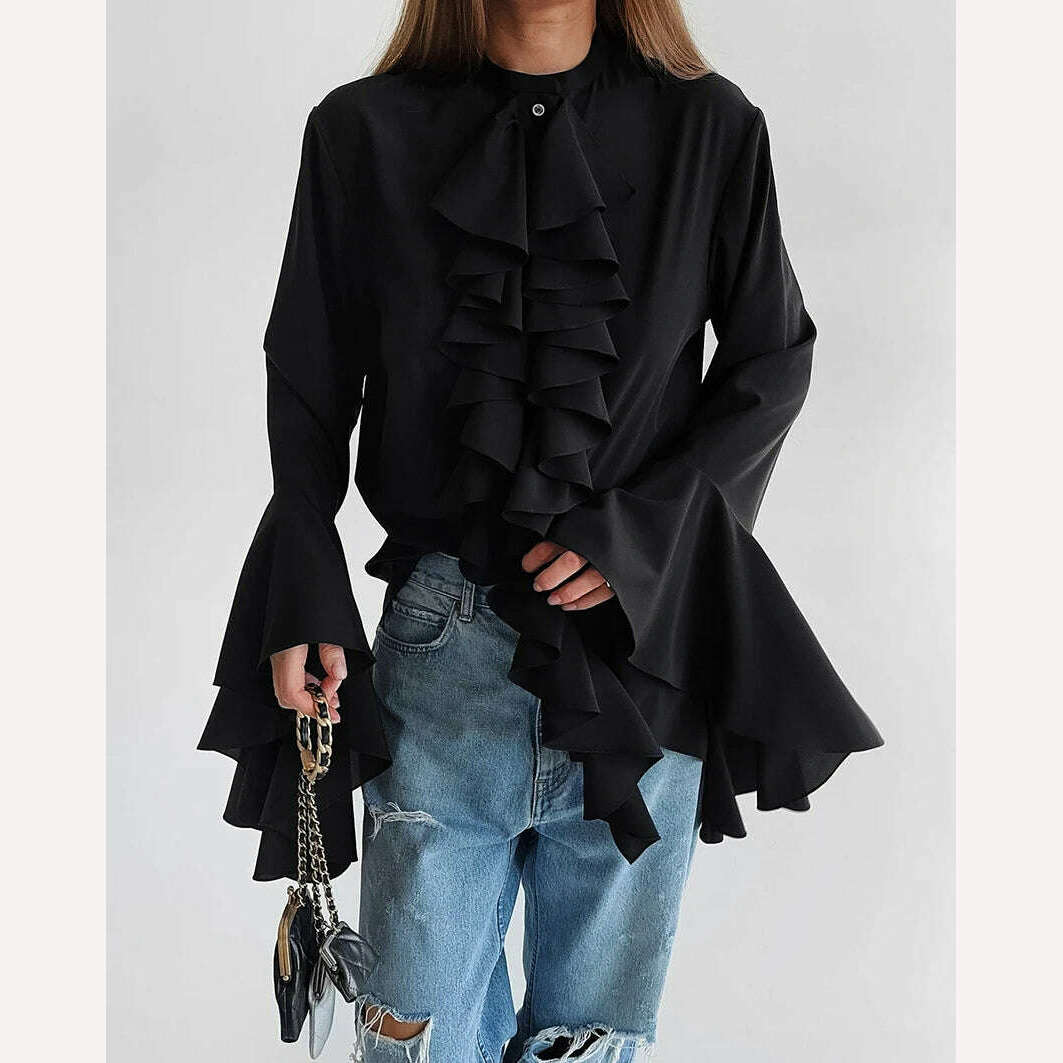 Mnealways18 Chiffon White Ruffled Shirts For Women Flare Sleeve Oversize Laminated Flounces Elegant Blouses And Tops Spring 2024 - KIMLUD