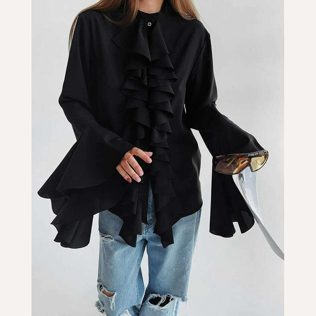 Mnealways18 Chiffon White Ruffled Shirts For Women Flare Sleeve Oversize Laminated Flounces Elegant Blouses And Tops Spring 2024 - KIMLUD