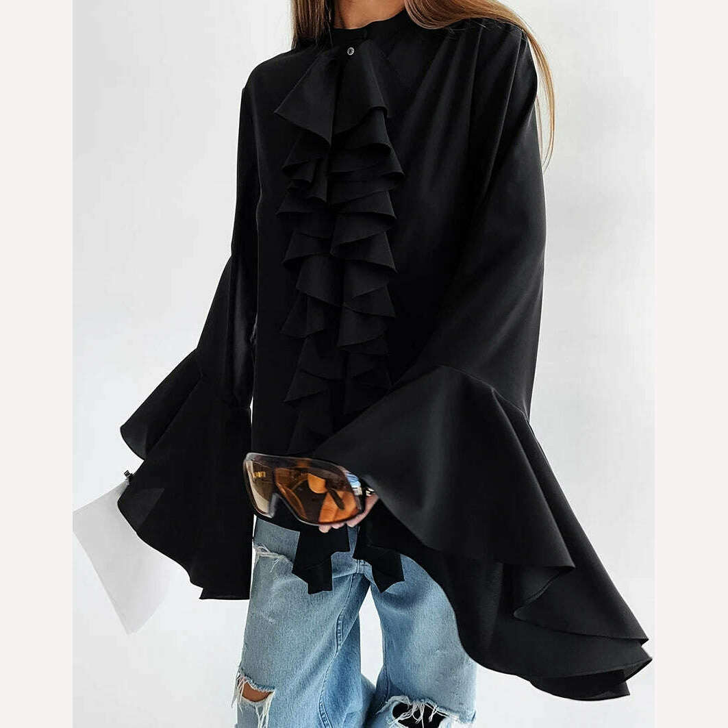 Mnealways18 Chiffon White Ruffled Shirts For Women Flare Sleeve Oversize Laminated Flounces Elegant Blouses And Tops Spring 2024 - KIMLUD