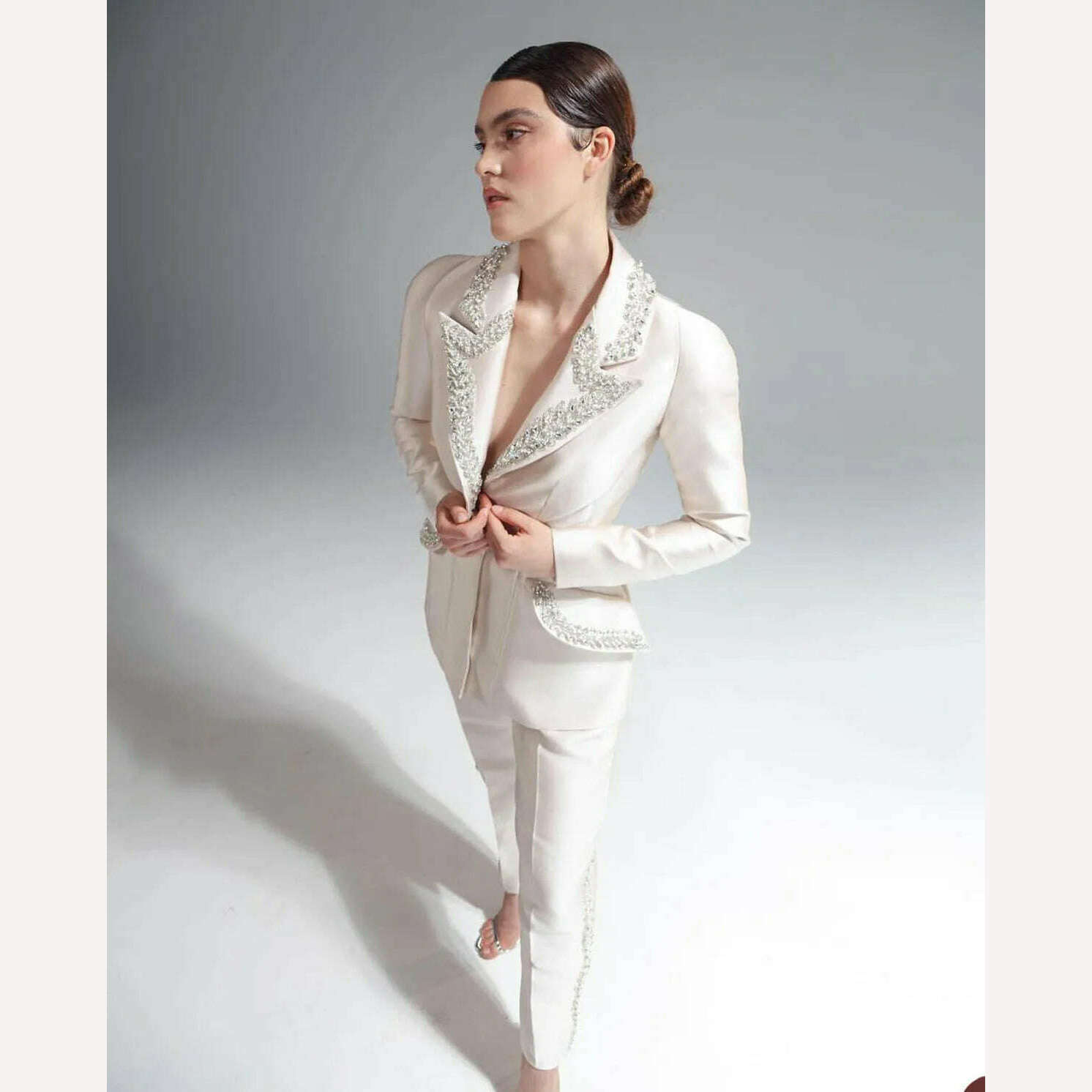 Modern Crystal Women Suits 2 Pieces One Button Shiny Pocket Blazer Custom Made Fashion Slim Fit Elegant Celebrity Jacket - KIMLUD