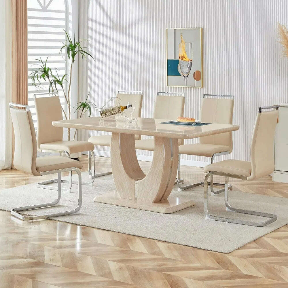 Modern Wooden Dining Table Set for6,Rectangula Kitchen Table Set with Faux Marble Tabletop＆6 Pu Leather Upholstered Chairs Ideal - KIMLUD
