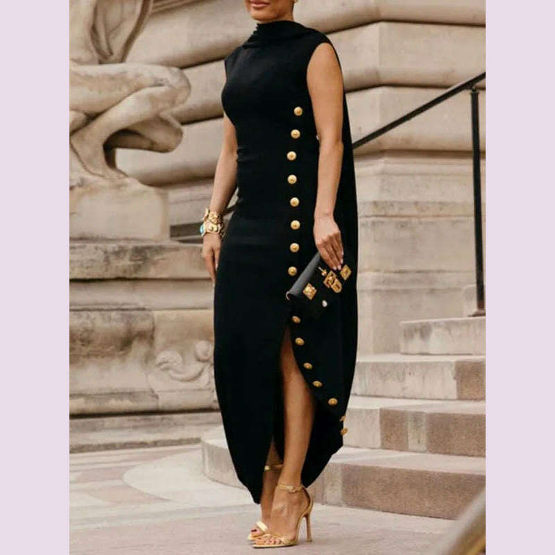 Modigirl Summer Loose Sleeveless Split-Side Shawl Collar Dress 2024 New Formal Solid Color Maxi Dresses For Urban Lady plus size - KIMLUD
