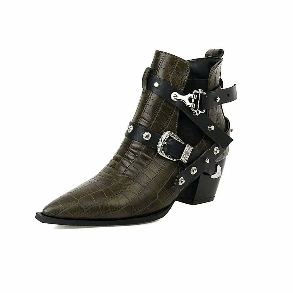 Motorcycle Western Cowboy Boots Women Snake PU Leather Short Cossacks High Heels Pointed Cowgirl Booties Buckle Womens Shoes - KIMLUD