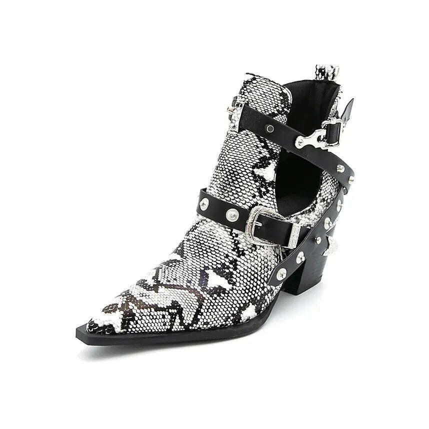 Motorcycle Western Cowboy Boots Women Snake PU Leather Short Cossacks High Heels Pointed Cowgirl Booties Buckle Womens Shoes - KIMLUD