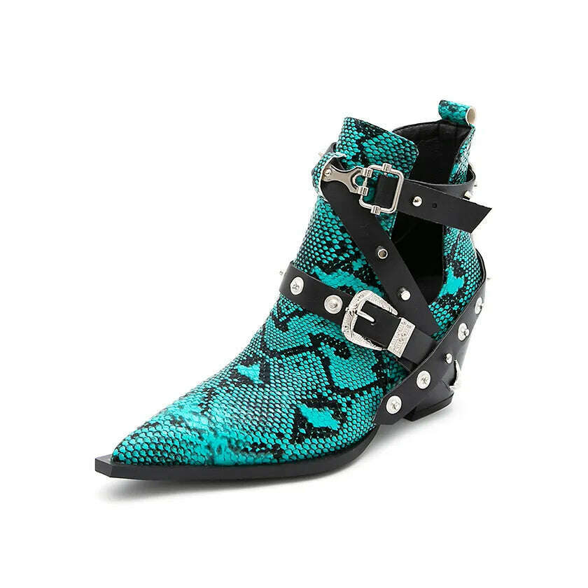 Motorcycle Western Cowboy Boots Women Snake PU Leather Short Cossacks High Heels Pointed Cowgirl Booties Buckle Womens Shoes - KIMLUD