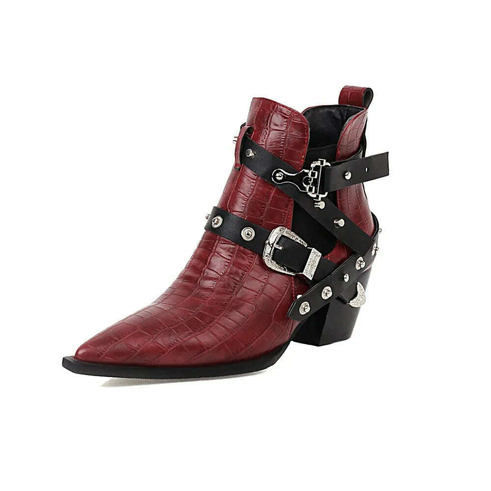 Motorcycle Western Cowboy Boots Women Snake PU Leather Short Cossacks High Heels Pointed Cowgirl Booties Buckle Womens Shoes - KIMLUD