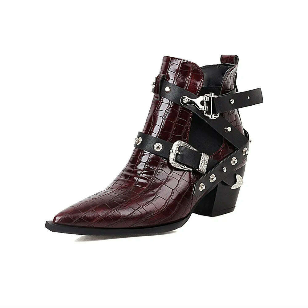 Motorcycle Western Cowboy Boots Women Snake PU Leather Short Cossacks High Heels Pointed Cowgirl Booties Buckle Womens Shoes - KIMLUD